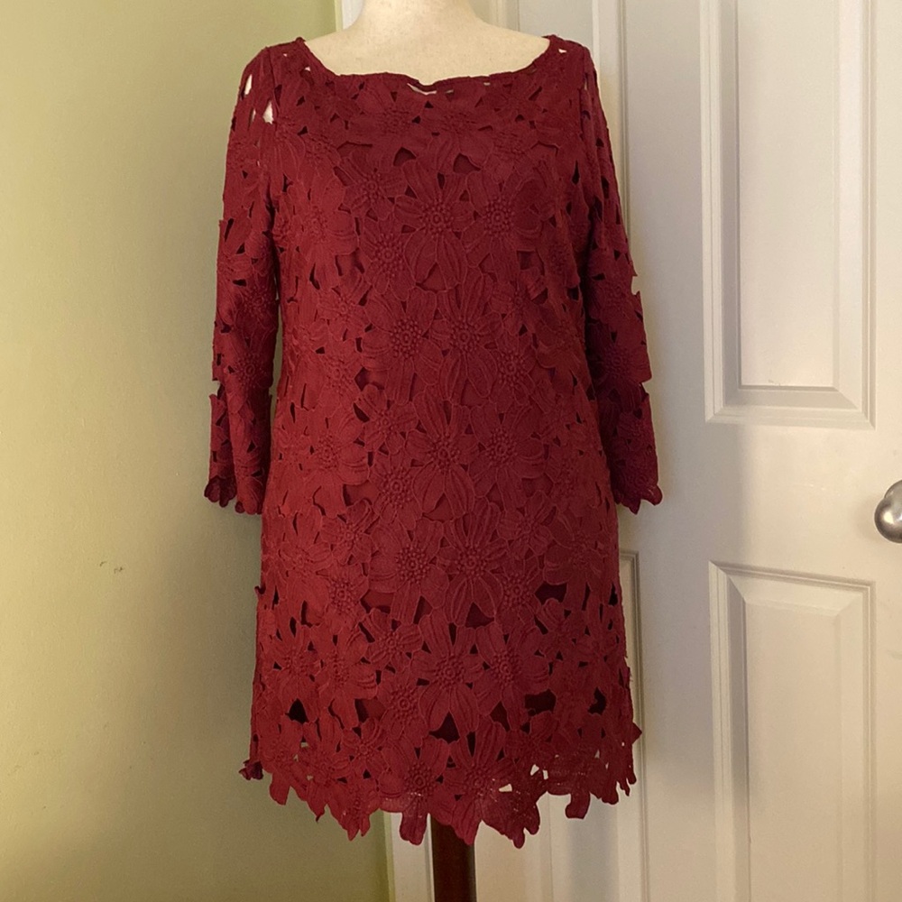 Burgundy wine colored cutout lace floral lined long sleeve dress